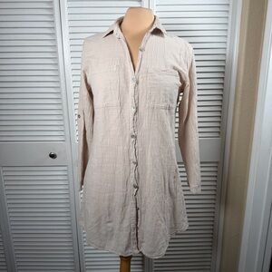 Blanc by Nature Linen Look Shirt Dress Button Front Roll Tab Sleeves Size S